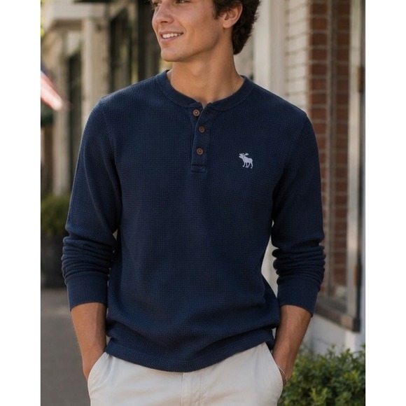 Abercrombie & Fitch Other - Abercrombie & Fitch Mens Henley Navy Blue Large Muscle Fit Waffle Knit Thermal
